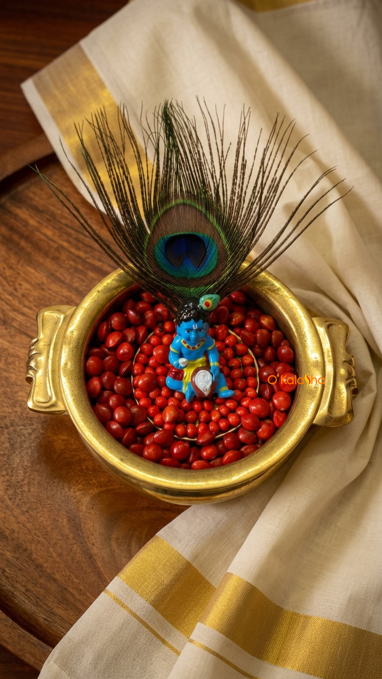brass Uruli Decor Set Customized with Baby Krishna Idol, Peacock Feather & Manjadikuru Seeds – Spiritual Home Decor & Gifting Combo